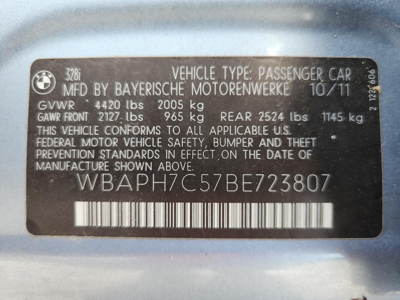 2011 BMW 328 I VIN: WBAPH7C57BE723807 Lot: 71867565