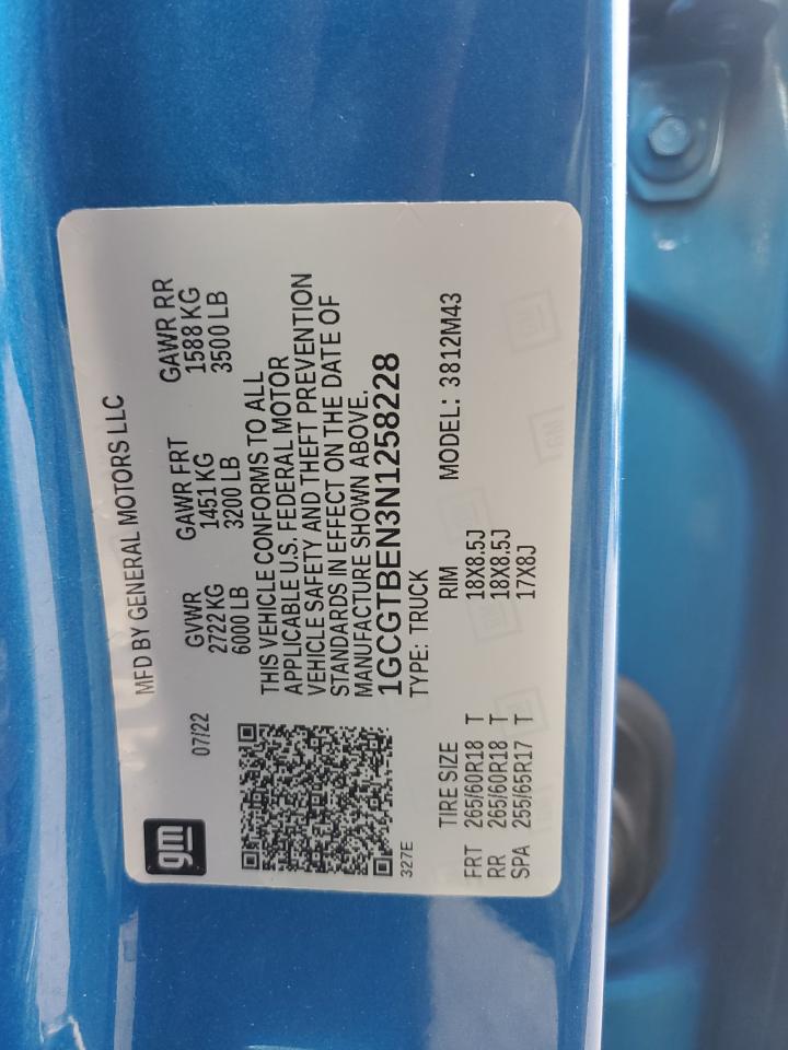 2022 Chevrolet Colorado VIN: 1GCGTBEN3N1258228 Lot: 71252075