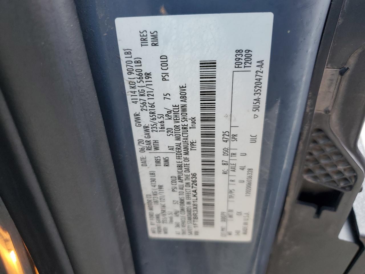 2020 Ford Transit T-250 VIN: 1FTBR3X81LKA72636 Lot: 80194375