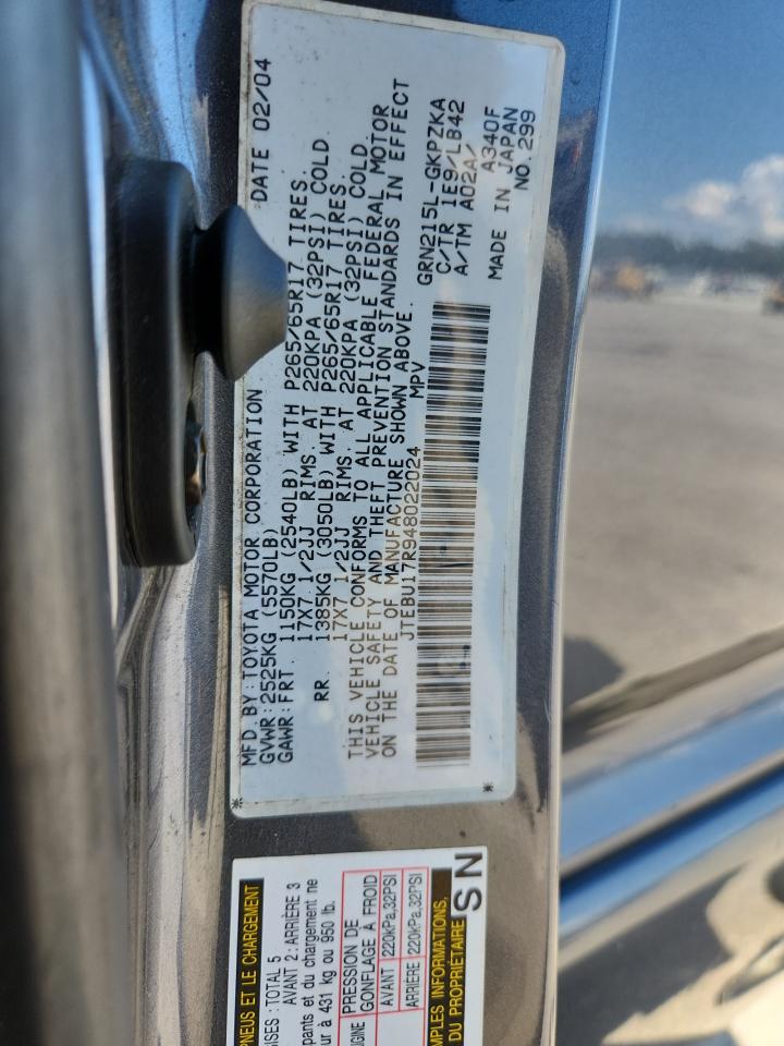 2004 Toyota 4Runner Limited VIN: JTEBU17R948022024 Lot: 81483255