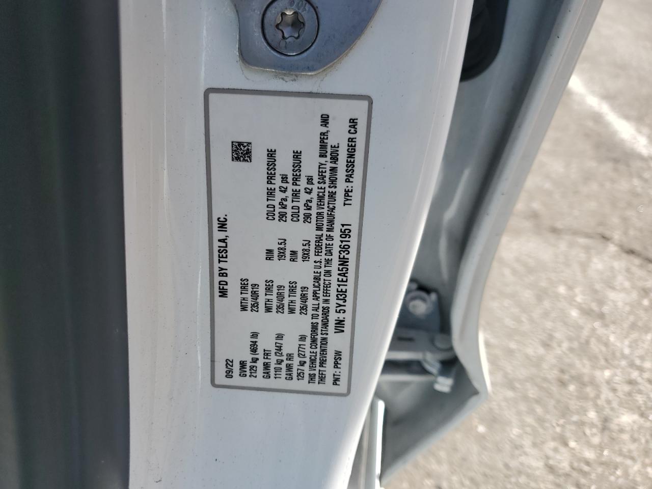 2022 Tesla Model 3 VIN: 5YJ3E1EA5NF361951 Lot: 80349315