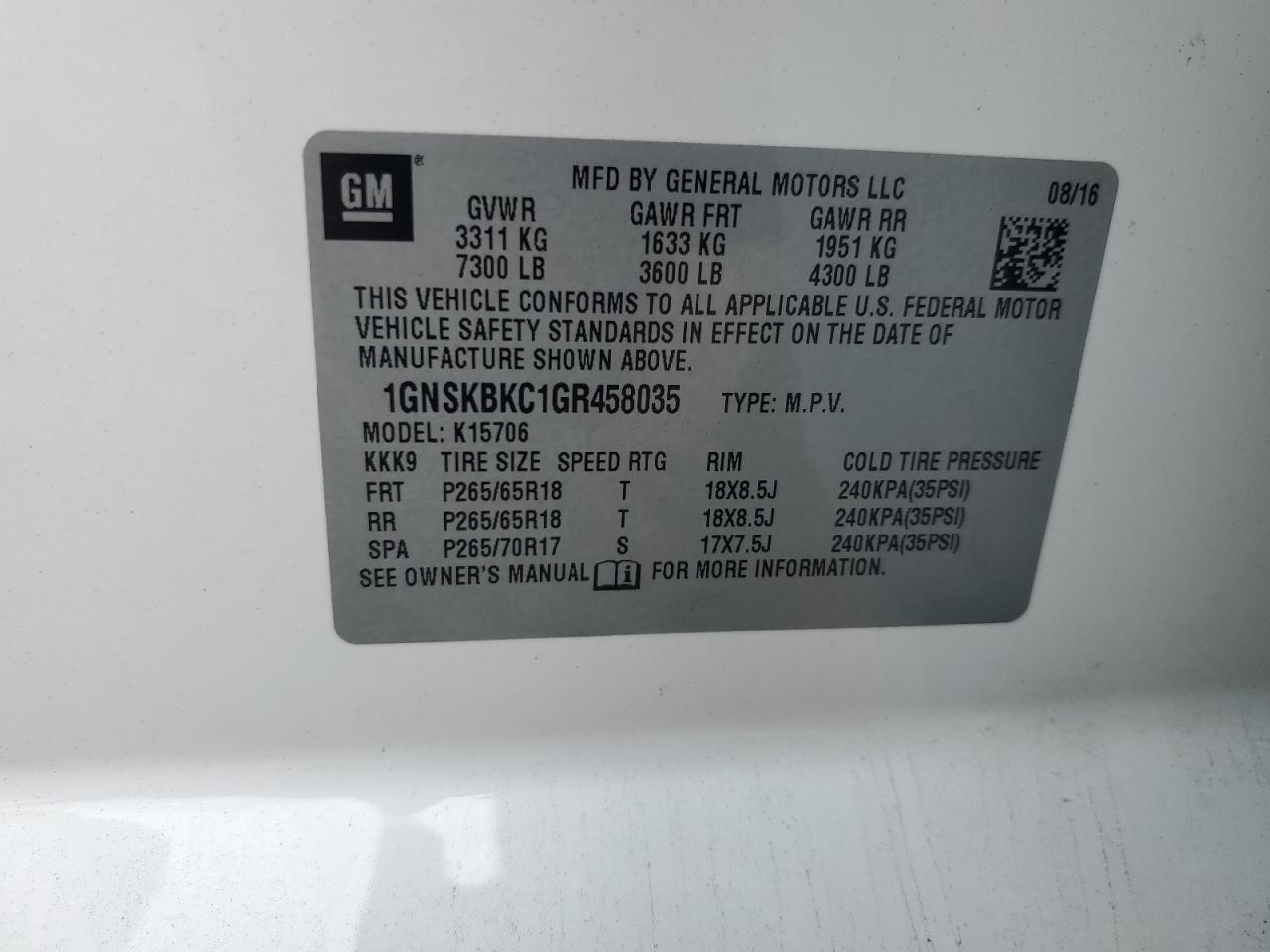 2016 Chevrolet Tahoe K1500 Lt VIN: 1GNSKBKC1GR458035 Lot: 81305205