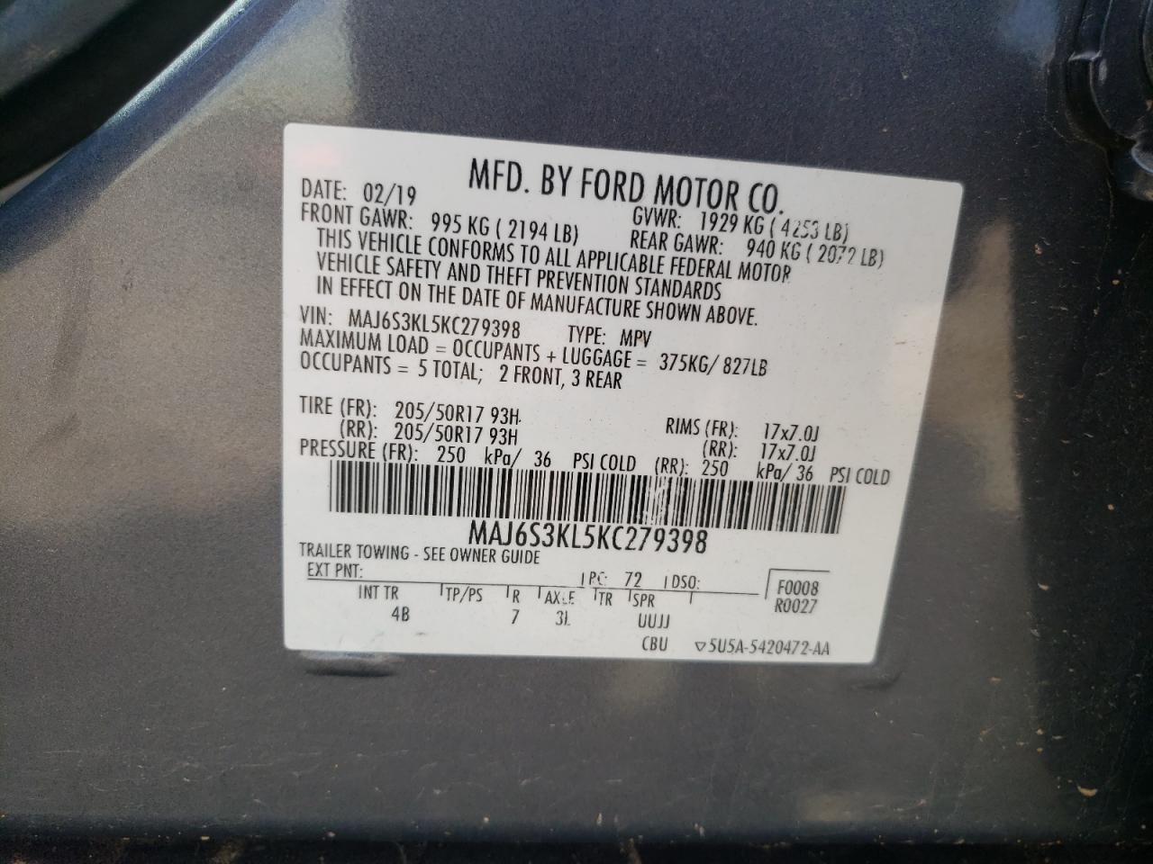 2019 Ford Ecosport Titanium VIN: MAJ6S3KL5KC279398 Lot: 81877105