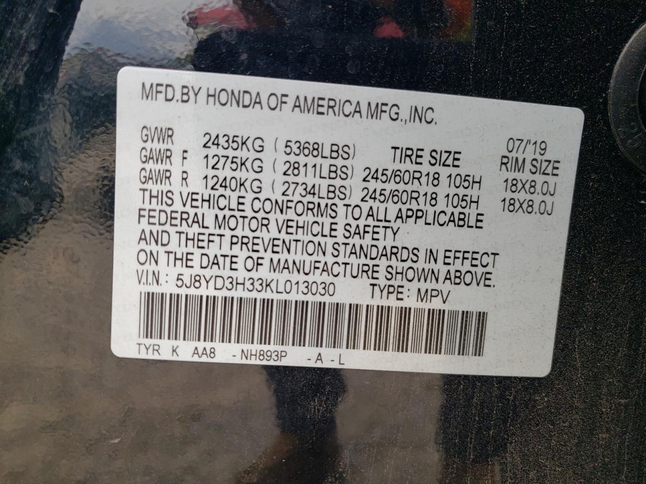 2019 Acura Mdx VIN: 5J8YD3H33KL013030 Lot: 80912605