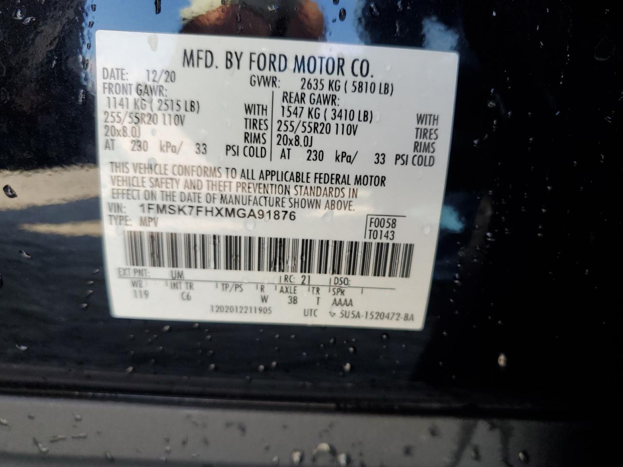 2021 Ford Explorer Limited VIN: 1FMSK7FHXMGA91876 Lot: 80627115