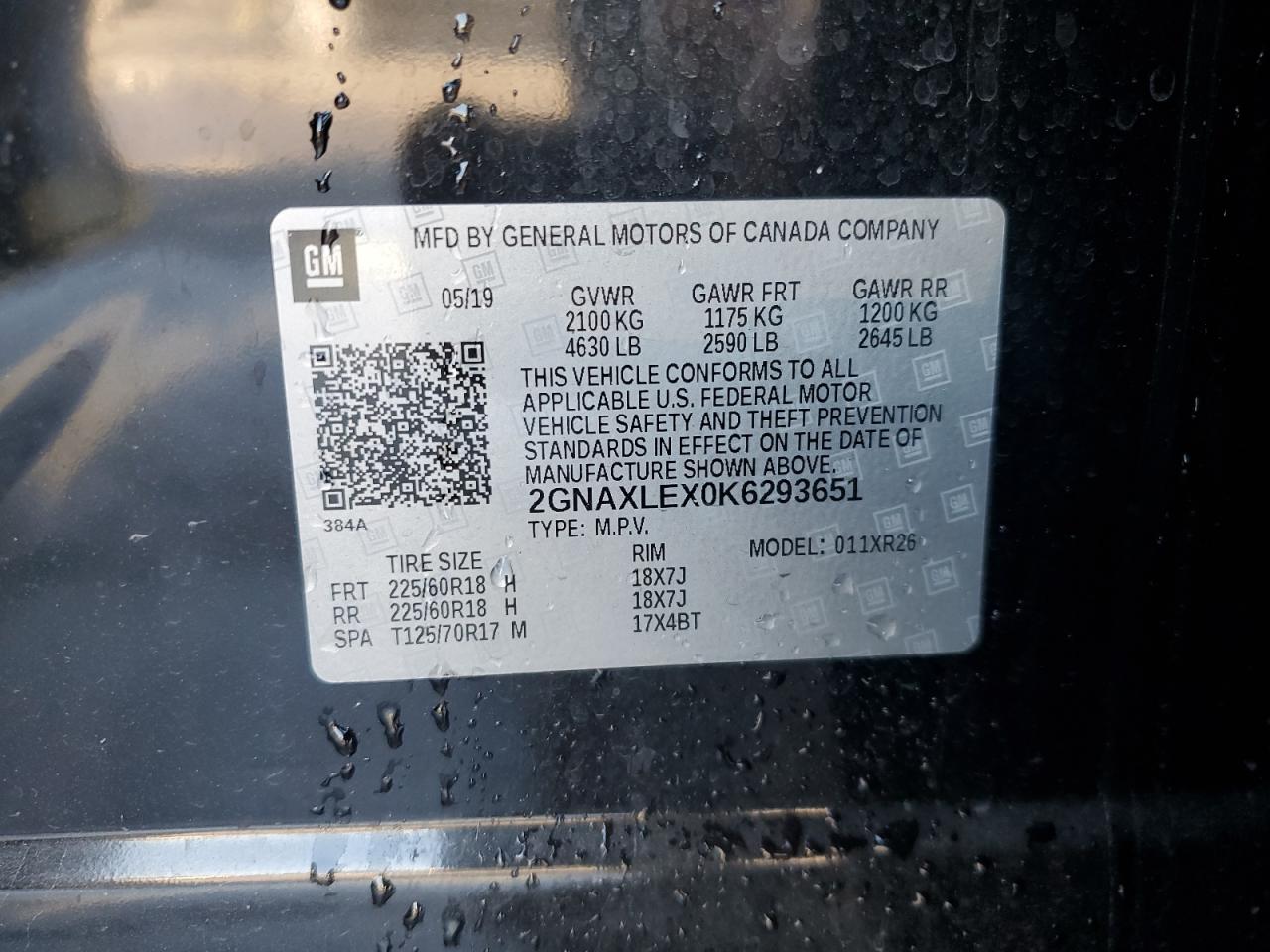 2019 Chevrolet Equinox Lt VIN: 2GNAXLEX0K6293651 Lot: 71795745