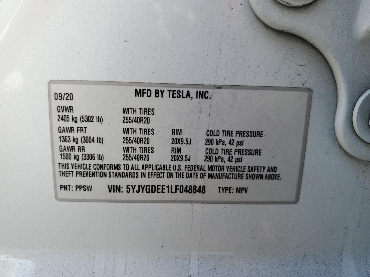 2020 Tesla Model Y VIN: 5YJYGDEE1LF048848 Lot: 83840875