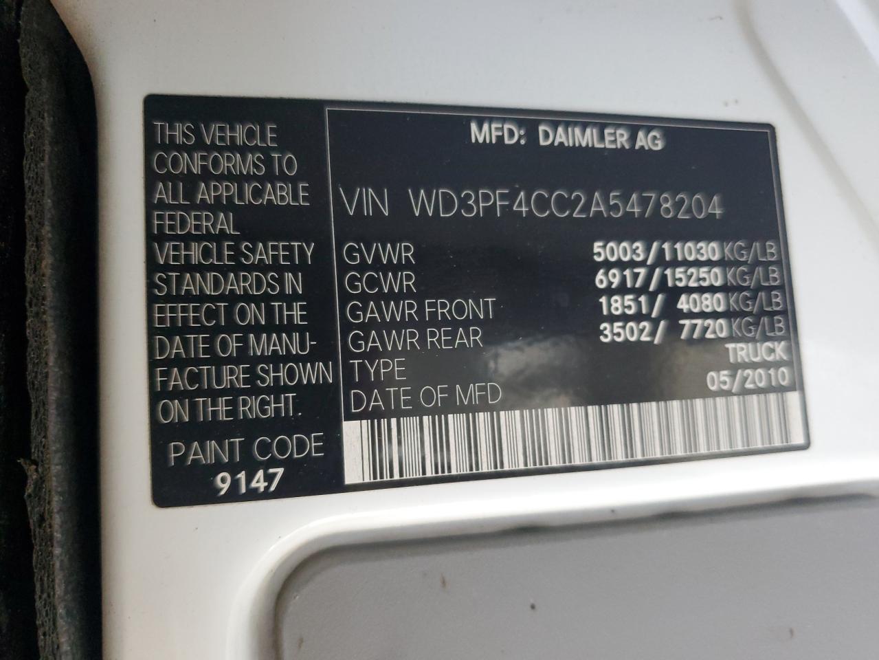 2010 Mercedes-Benz Sprinter 3500 VIN: WD3PF4CC2A5478204 Lot: 83965625