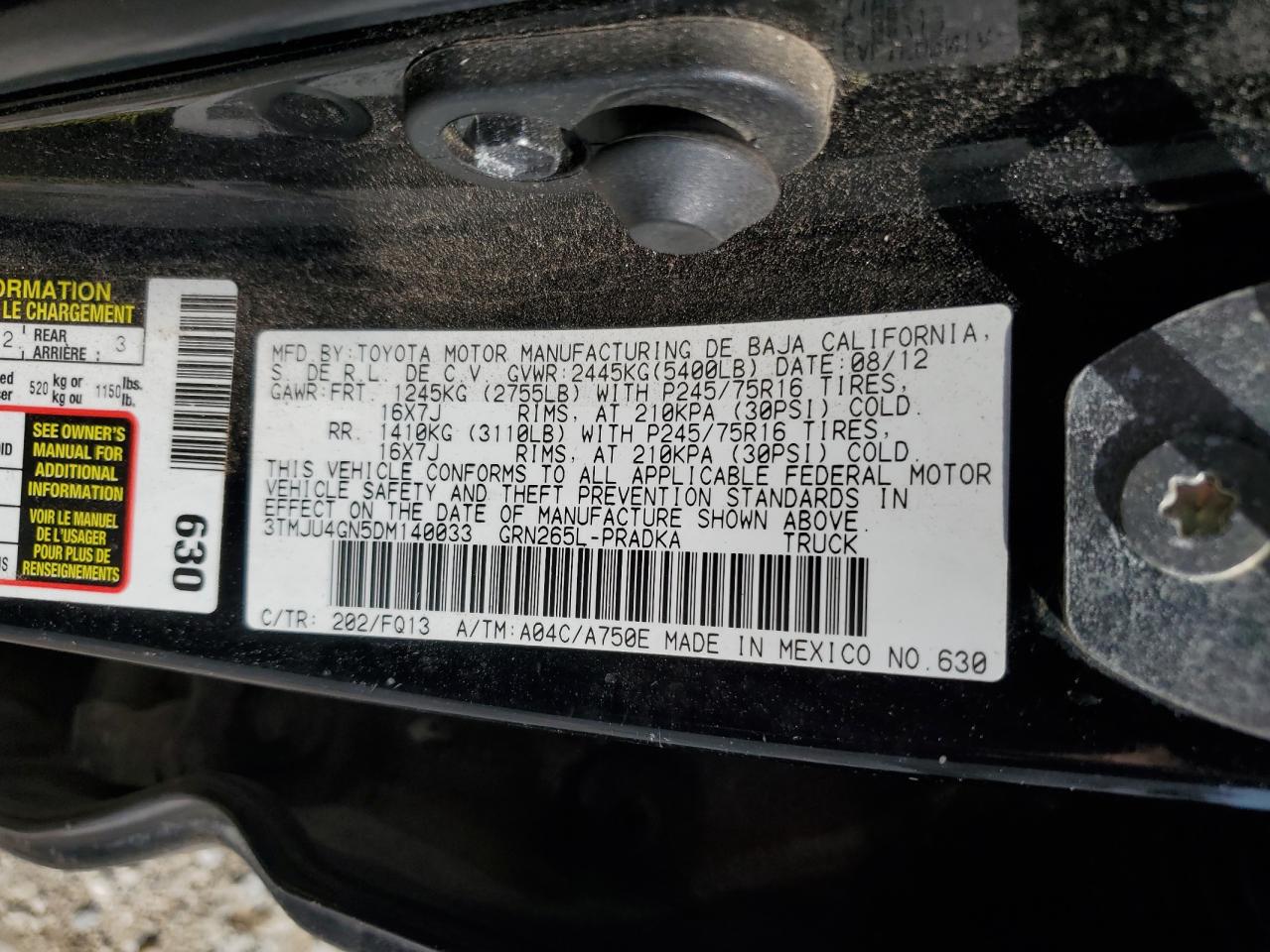 2013 Toyota Tacoma Double Cab Prerunner VIN: 3TMJU4GN5DM140033 Lot: 80005505