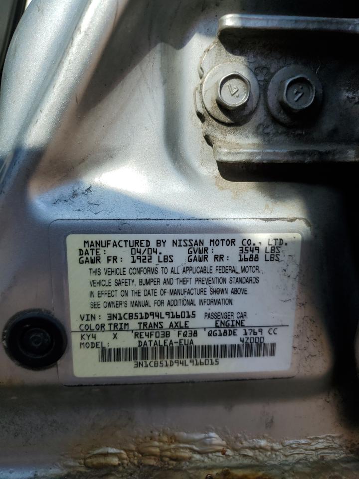 2004 Nissan Sentra 1.8 VIN: 3N1CB51D94L916015 Lot: 80574855
