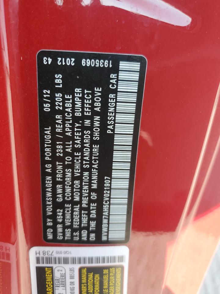 2012 Volkswagen Eos Komfort VIN: WVWBW7AH5CV021907 Lot: 80456585