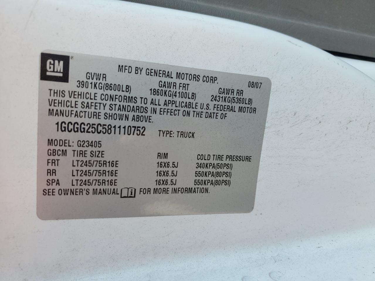 2008 Chevrolet Express G2500 VIN: 1GCGG25C581110752 Lot: 84923135