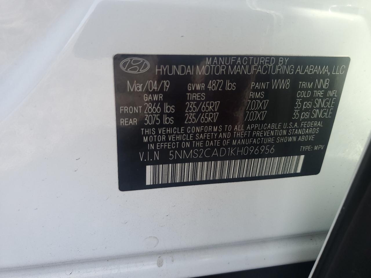 2019 Hyundai Santa Fe Se VIN: 5NMS2CAD1KH096956 Lot: 84549445