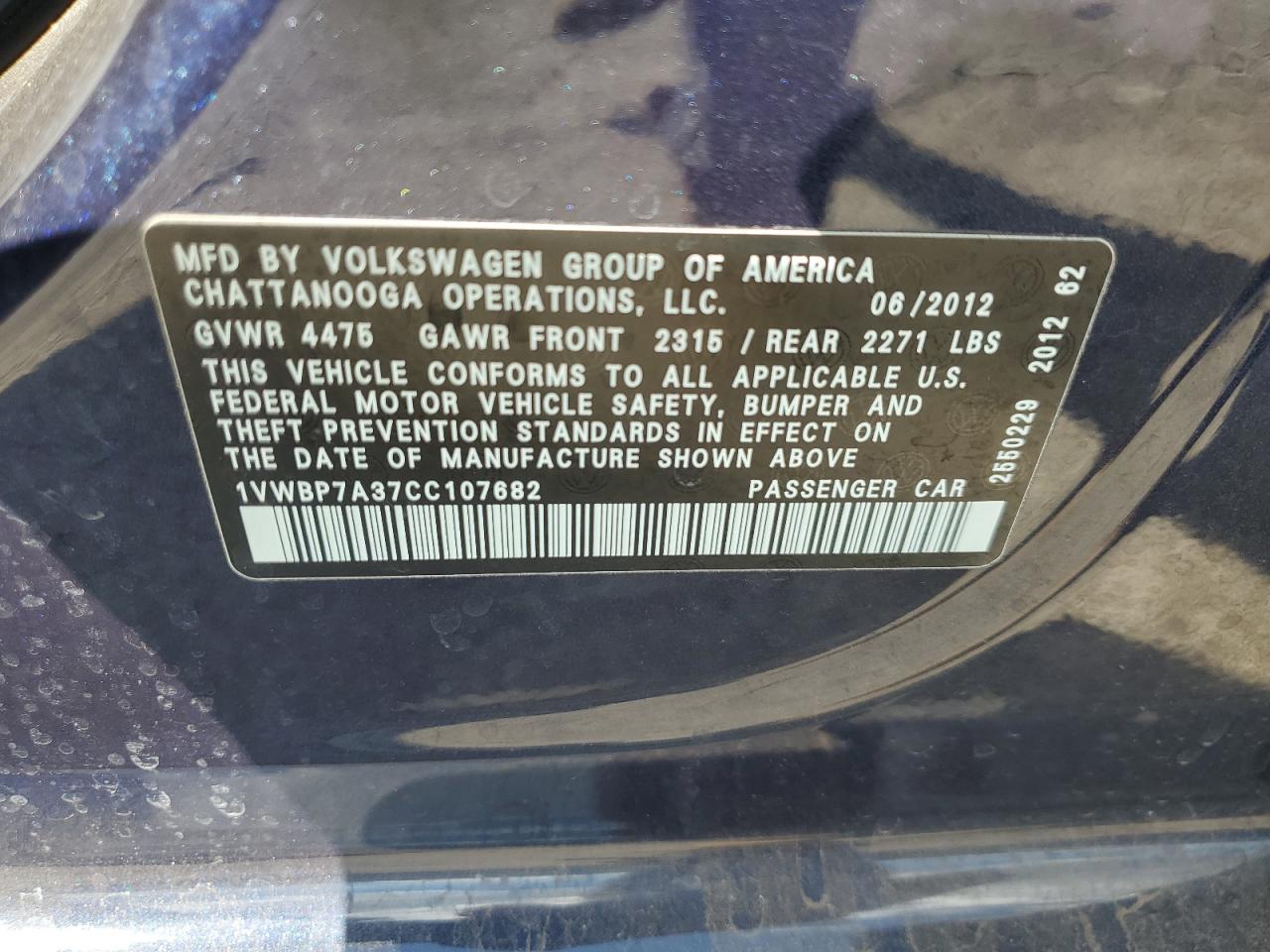 2012 Volkswagen Passat Se VIN: 1VWBP7A37CC107682 Lot: 71646845