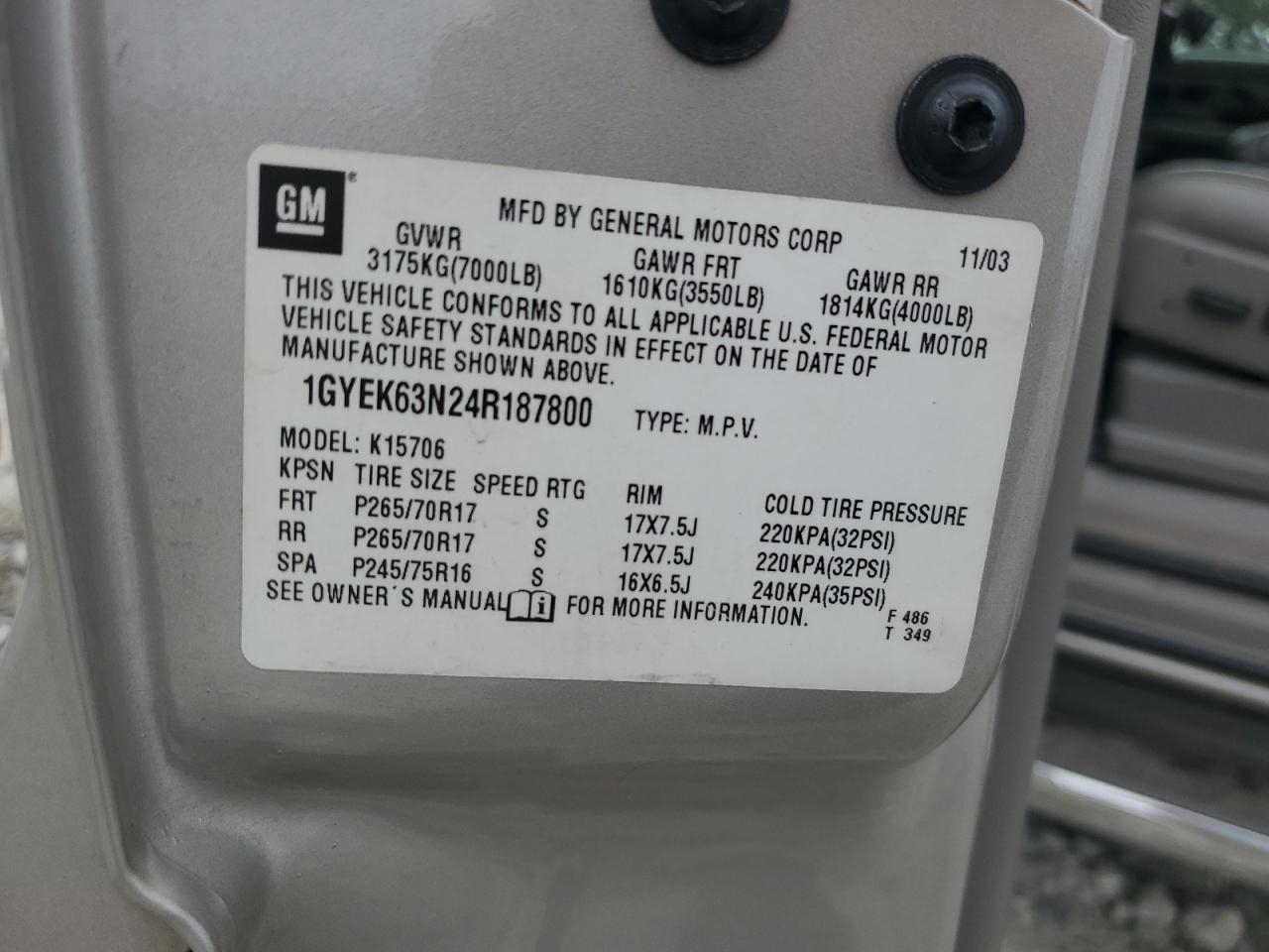 2004 Cadillac Escalade Luxury VIN: 1GYEK63N24R187800 Lot: 81438115