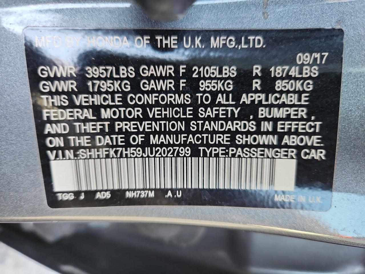 2018 Honda Civic Ex VIN: SHHFK7H59JU202799 Lot: 72094275