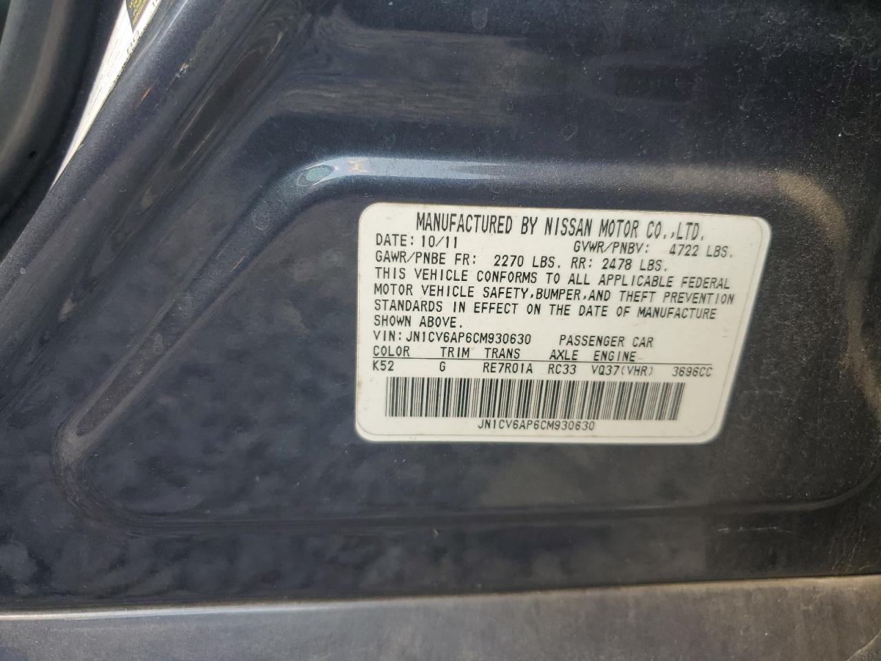 2012 Infiniti G37 Base VIN: JN1CV6AP6CM930630 Lot: 70550775