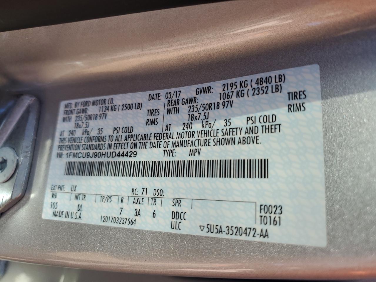 2017 Ford Escape Titanium VIN: 1FMCU9J90HUD44429 Lot: 80659875