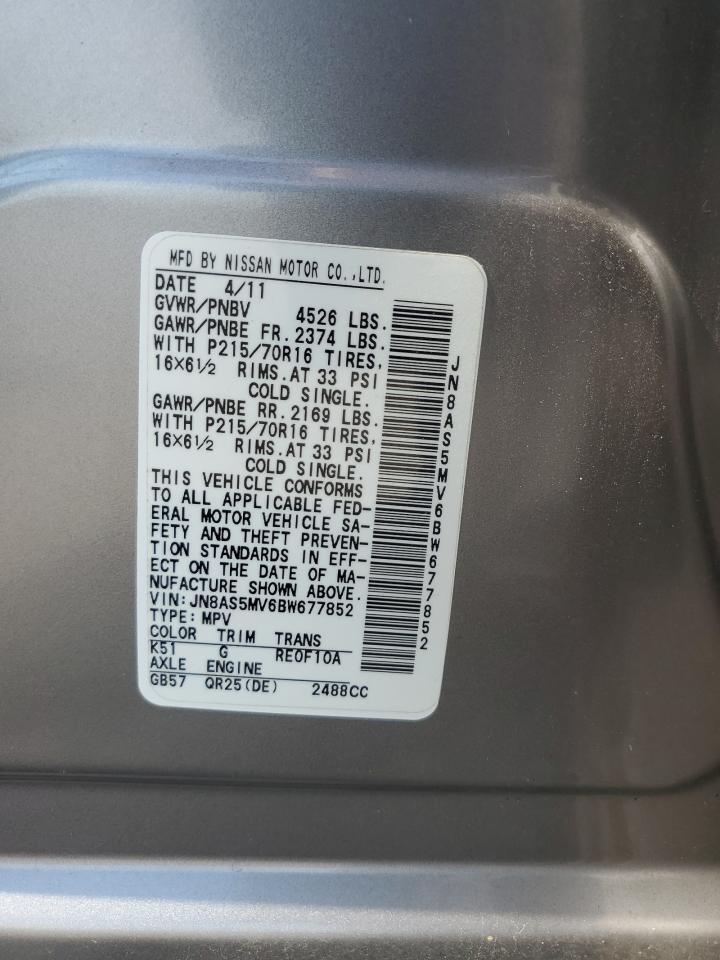 2011 Nissan Rogue S VIN: JN8AS5MV6BW677852 Lot: 80562655