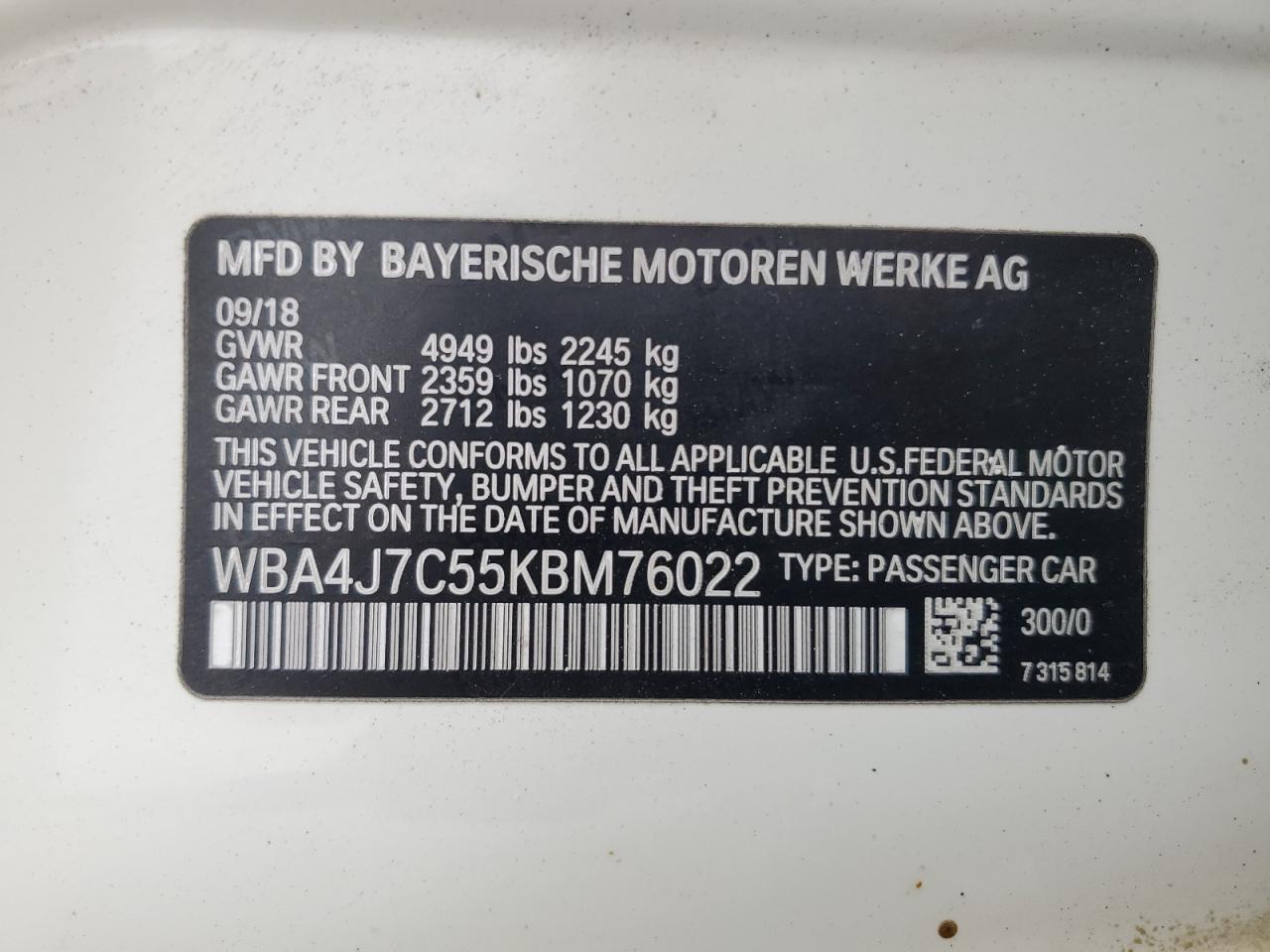 2019 BMW 440Xi Gran Coupe VIN: WBA4J7C55KBM76022 Lot: 81581035