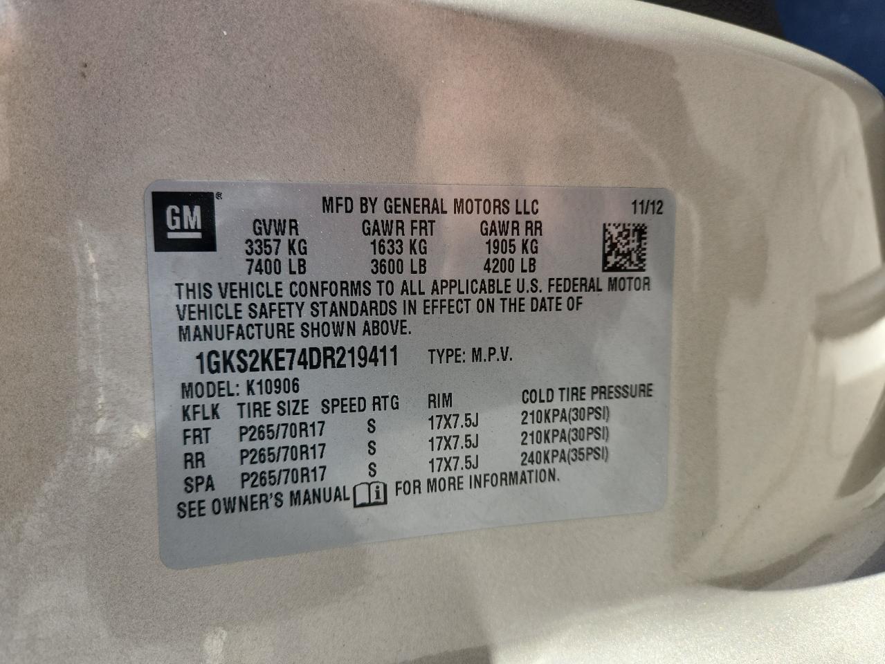 2013 GMC Yukon Xl K1500 Slt VIN: 1GKS2KE74DR219411 Lot: 84421365