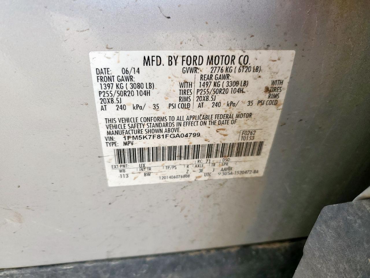 2015 Ford Explorer Limited VIN: 1FM5K7F81FGA04799 Lot: 71905515