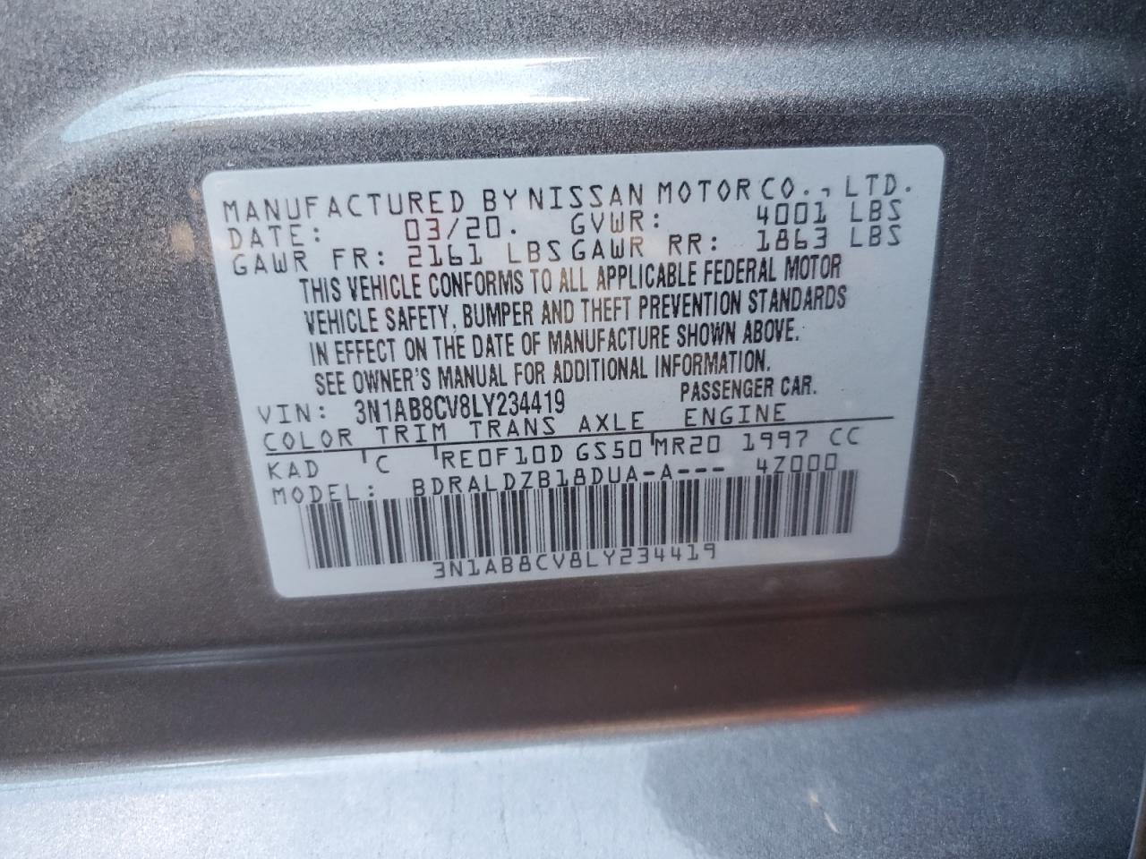 2020 Nissan Sentra Sv VIN: 3N1AB8CV8LY234419 Lot: 81097895