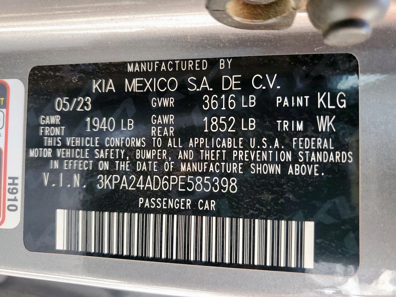 2023 Kia Rio Lx VIN: 3KPA24AD6PE585398 Lot: 84652325