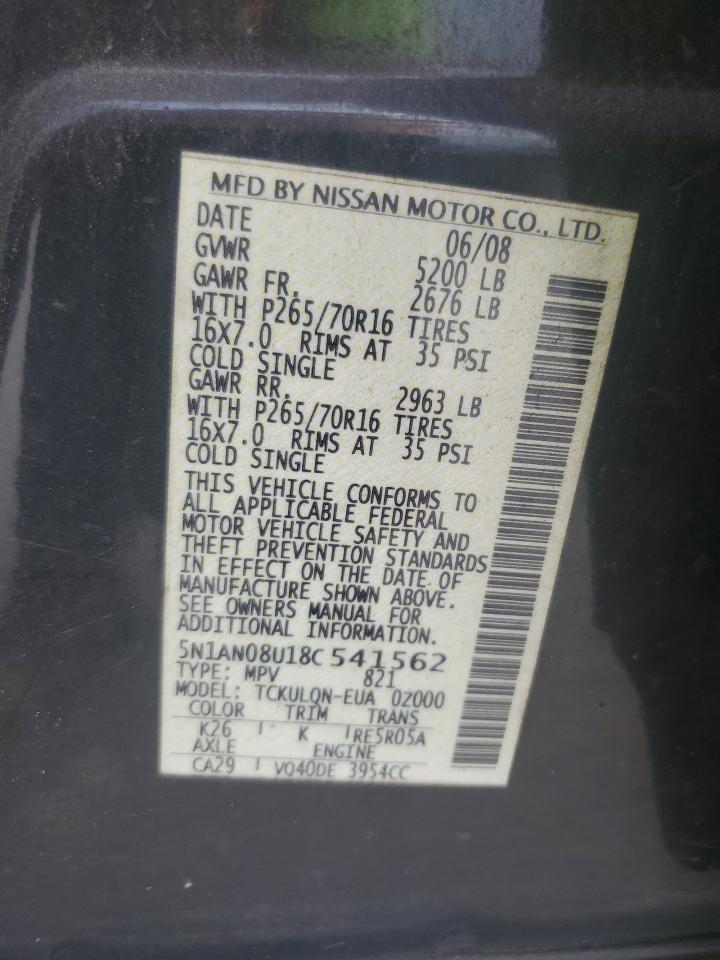 2008 Nissan Xterra Off Road VIN: 5N1AN08U18C541562 Lot: 81142355