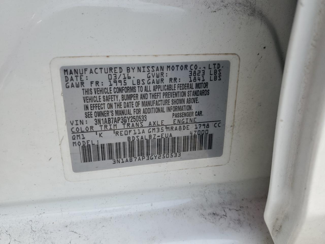 2016 Nissan Sentra S VIN: 3N1AB7AP3GY250533 Lot: 81030455