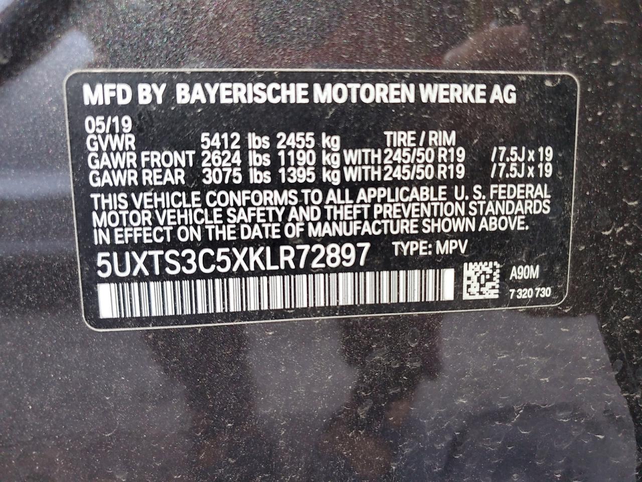 2019 BMW X3 xDrivem40I VIN: 5UXTS3C5XKLR72897 Lot: 80852825