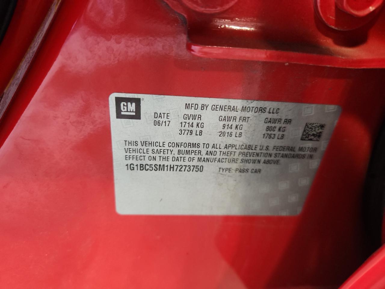 2017 Chevrolet Cruze Ls VIN: 1G1BC5SM1H7273750 Lot: 81027135