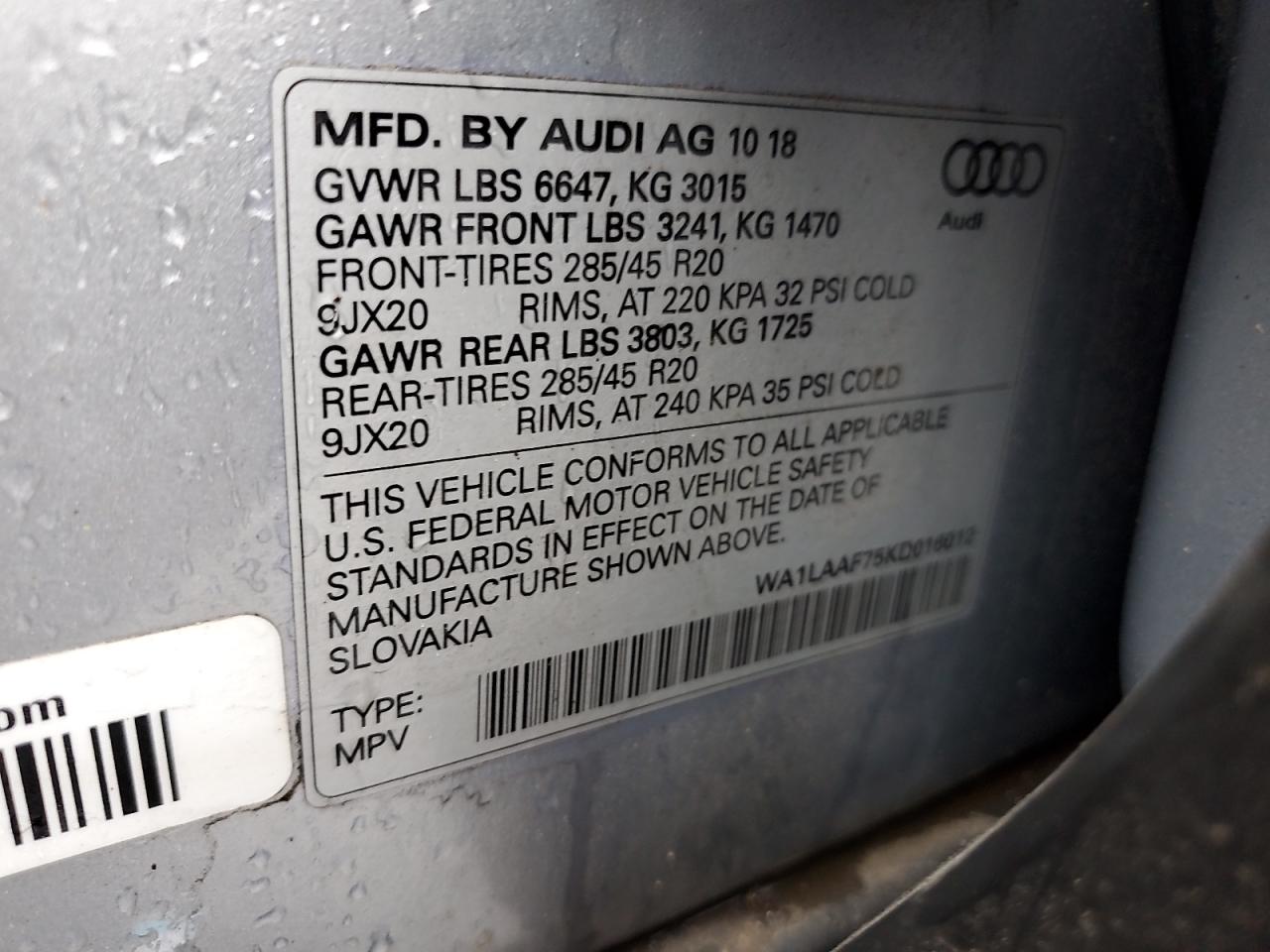 2019 Audi Q7 Premium Plus VIN: WA1LAAF75KD016012 Lot: 81165455