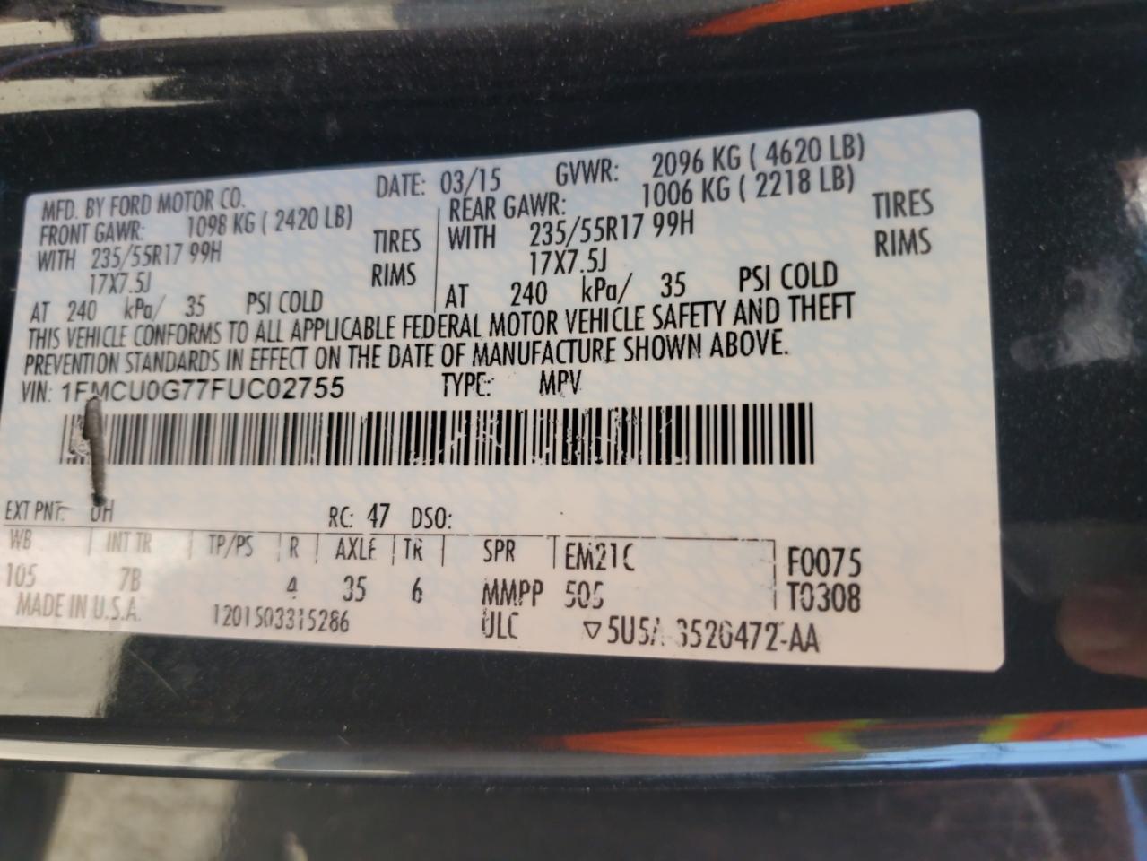 2015 Ford Escape Se VIN: 1FMCU0G77FUC02755 Lot: 71866575