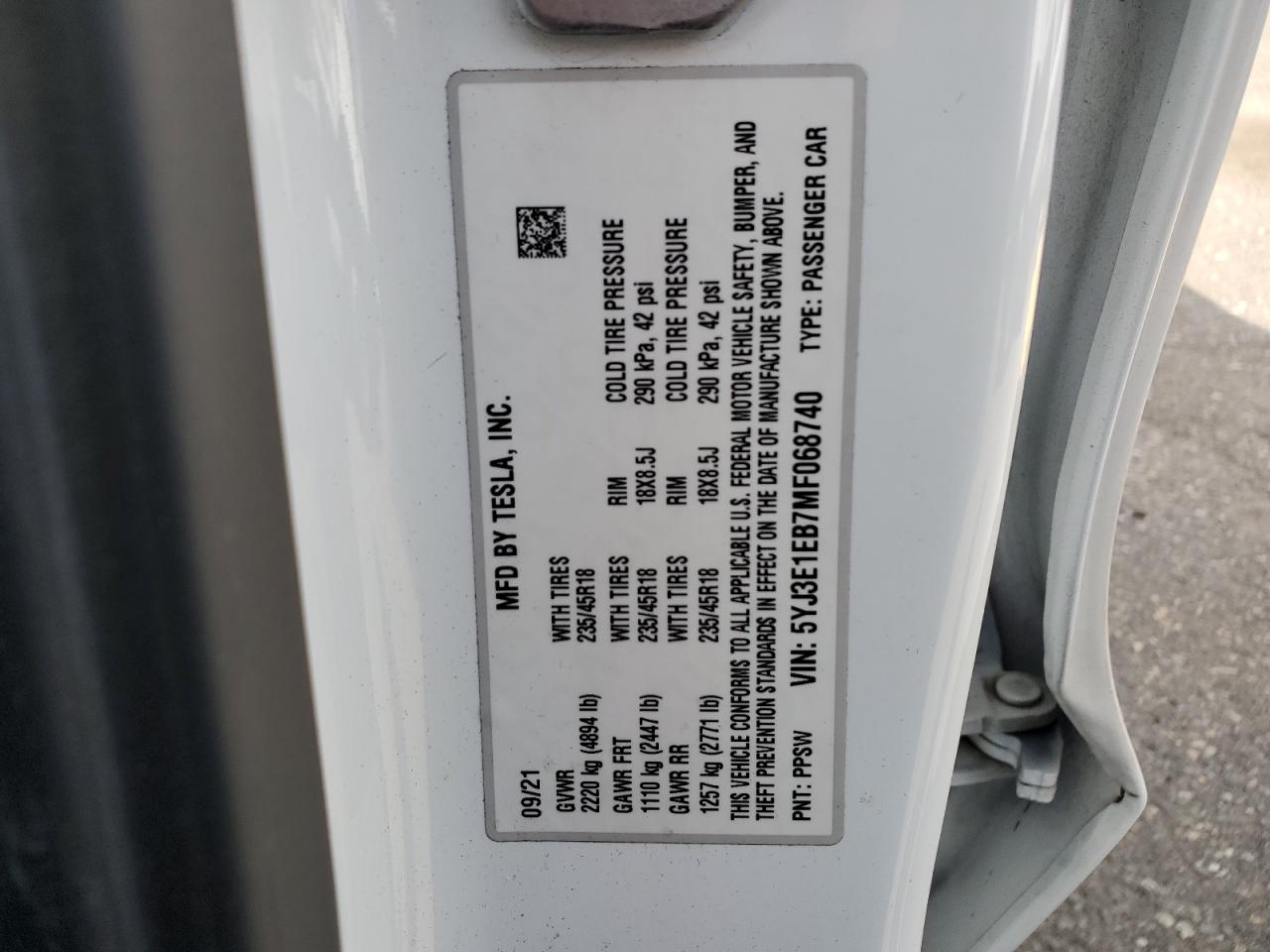 2021 Tesla Model 3 VIN: 5YJ3E1EB7MF068740 Lot: 80499975