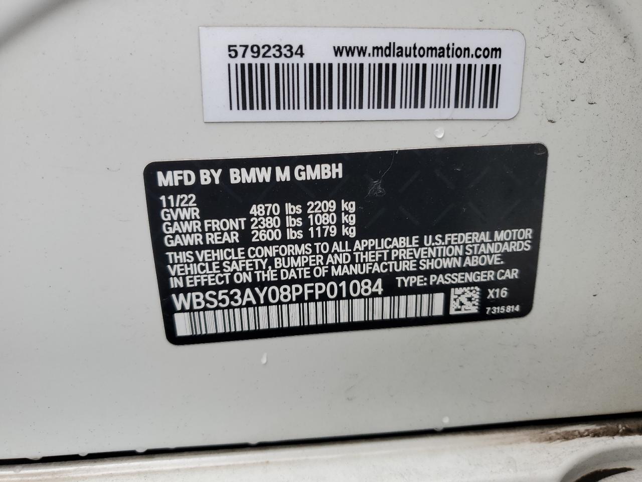 2023 BMW M3 VIN: WBS53AY08PFP01084 Lot: 84262725