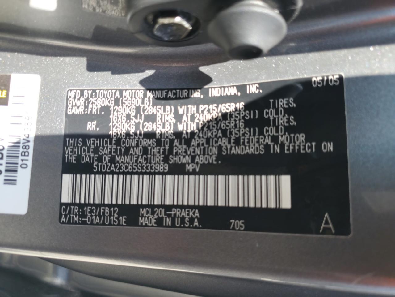 2005 Toyota Sienna Ce VIN: 5TDZA23C65S333989 Lot: 81402875