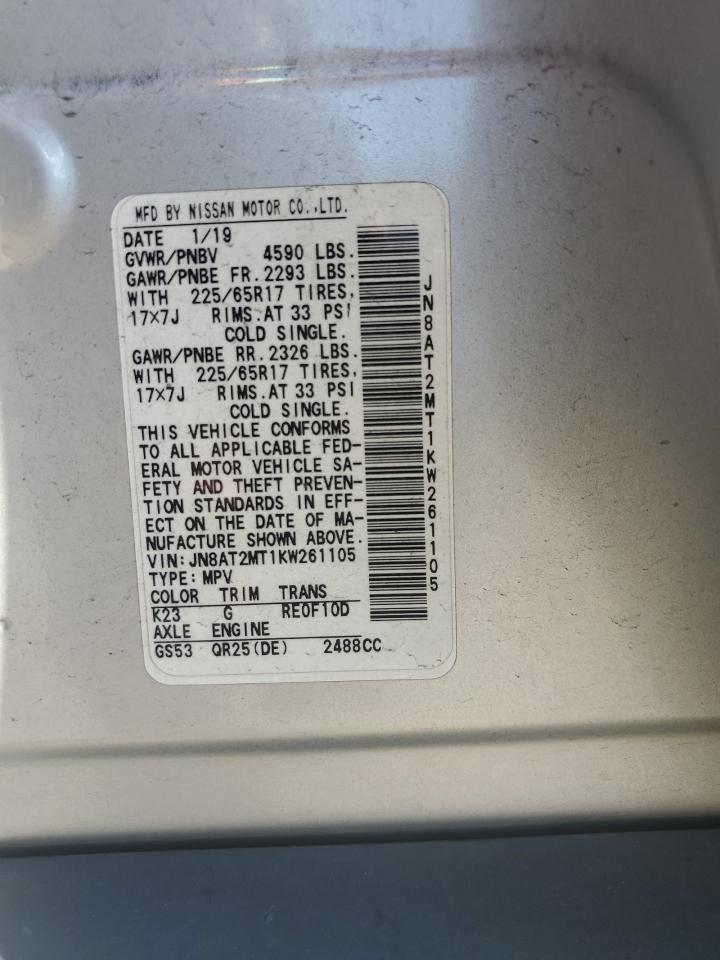 2019 Nissan Rogue S VIN: JN8AT2MT1KW261105 Lot: 71441575