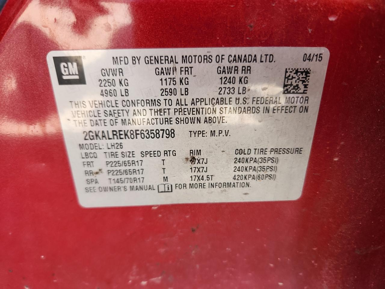 2015 GMC Terrain Sle VIN: 2GKALREK8F6358798 Lot: 71176415