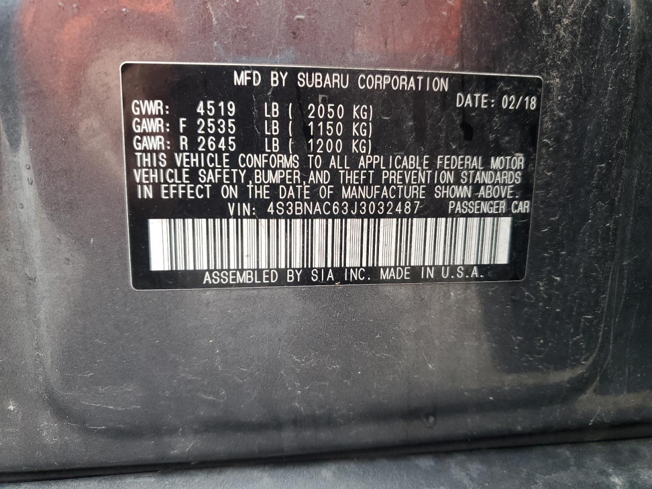 2018 Subaru Legacy 2.5I Premium VIN: 4S3BNAC63J3032487 Lot: 82118385