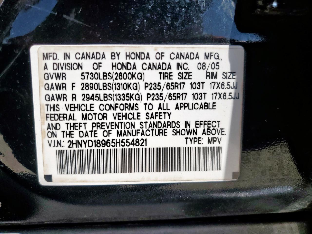 2005 Acura Mdx Touring VIN: 2HNYD18965H554821 Lot: 81663835