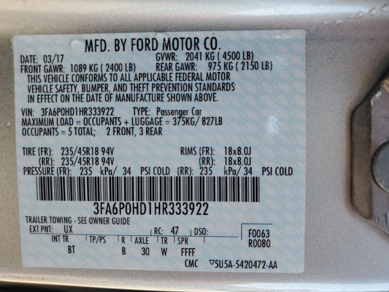 2017 Ford Fusion Se VIN: 3FA6P0HD1HR333922 Lot: 82038865