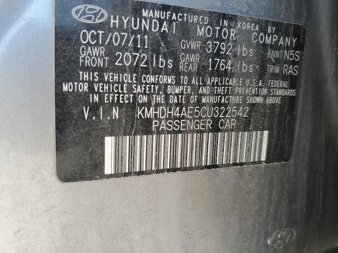 2012 Hyundai Elantra Gls VIN: KMHDH4AE5CU322542 Lot: 71048835