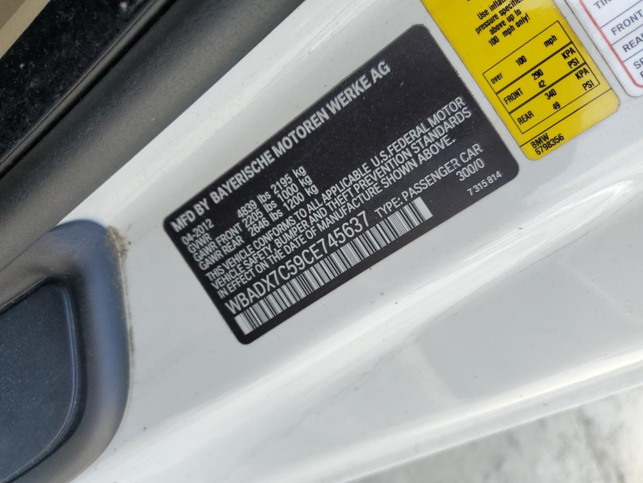 2012 BMW 335 I VIN: WBADX7C59CE745637 Lot: 71446325