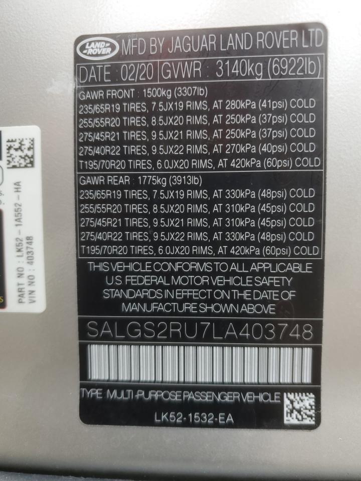 2020 Land Rover Range Rover Hse VIN: SALGS2RU7LA403748 Lot: 84409985