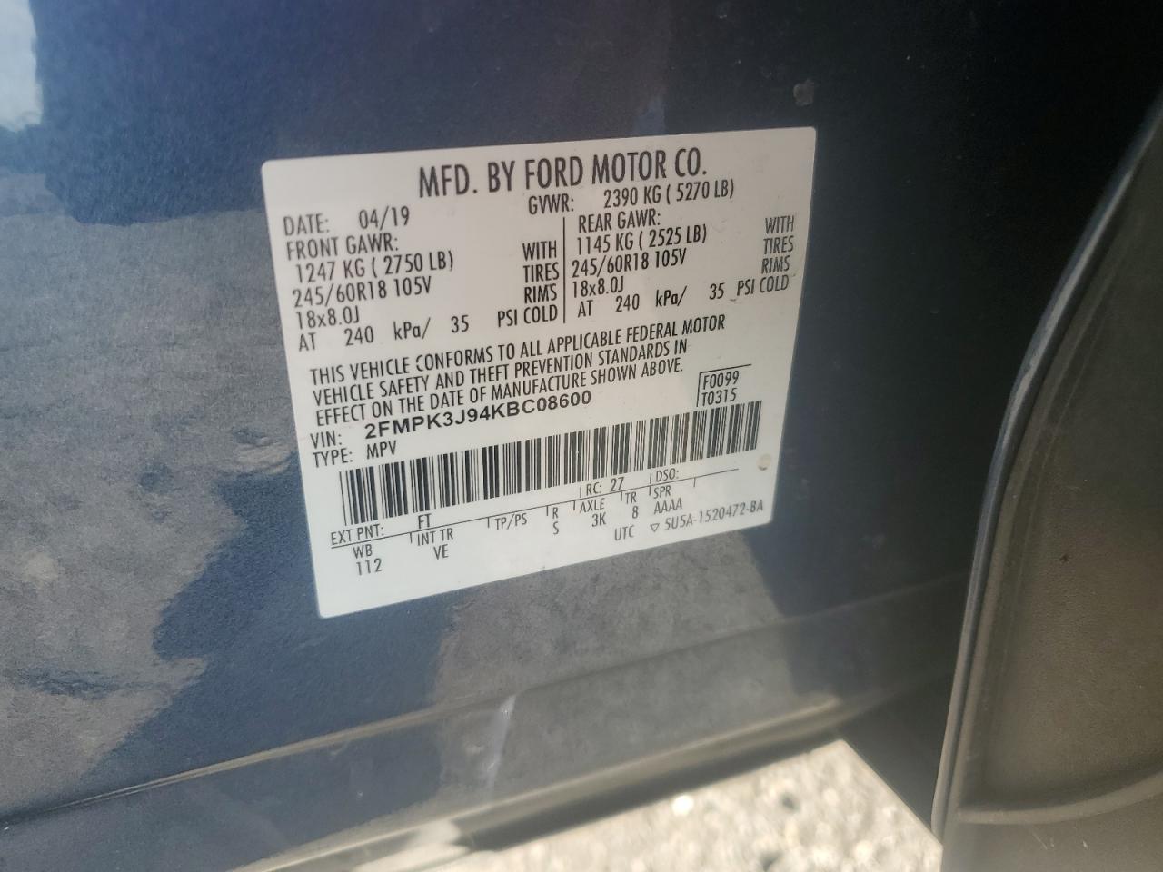 2019 Ford Edge Sel VIN: 2FMPK3J94KBC08600 Lot: 71219555