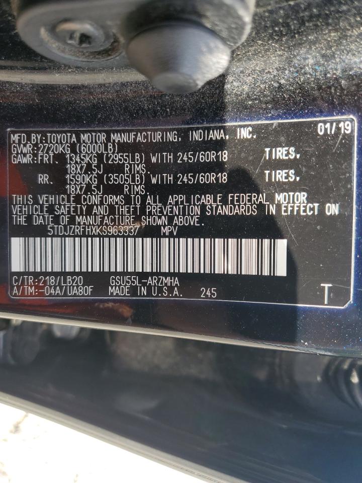 2019 Toyota Highlander Se VIN: 5TDJZRFHXKS963337 Lot: 80698645