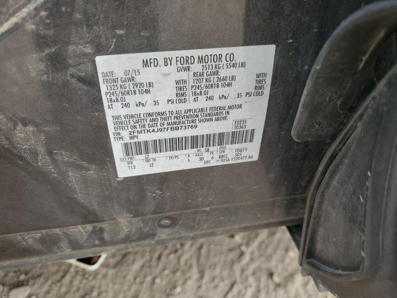 2015 Ford Edge Sel VIN: 2FMTK4J97FBB73769 Lot: 71981755