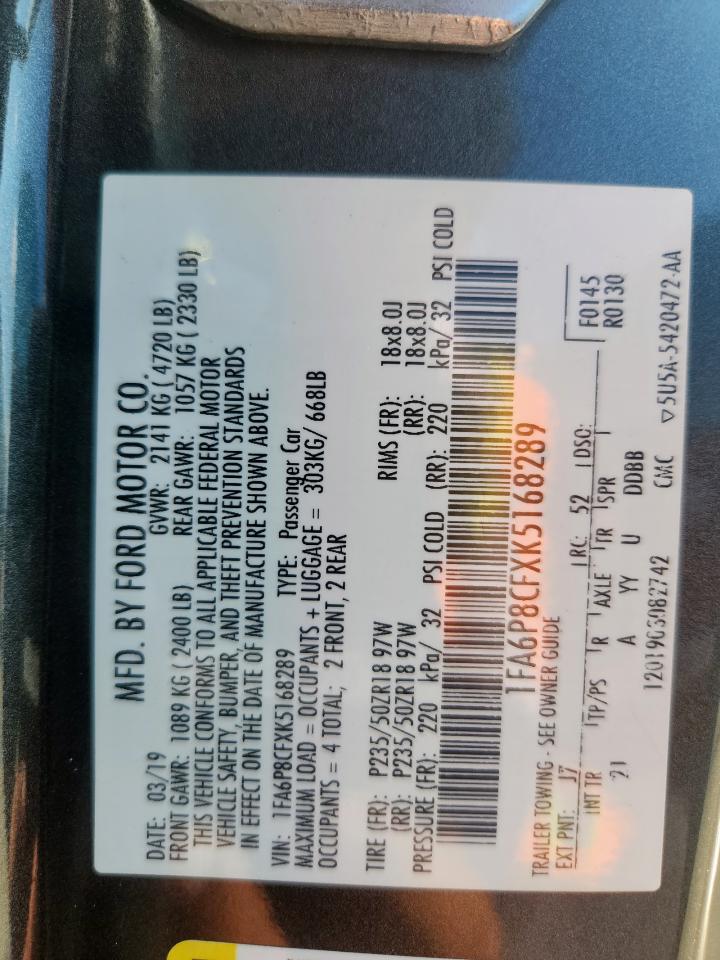 2019 Ford Mustang Gt VIN: 1FA6P8CFXK5168289 Lot: 83992965