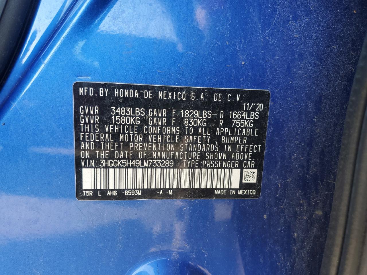 2020 Honda Fit Lx VIN: 3HGGK5H49LM733289 Lot: 71999515